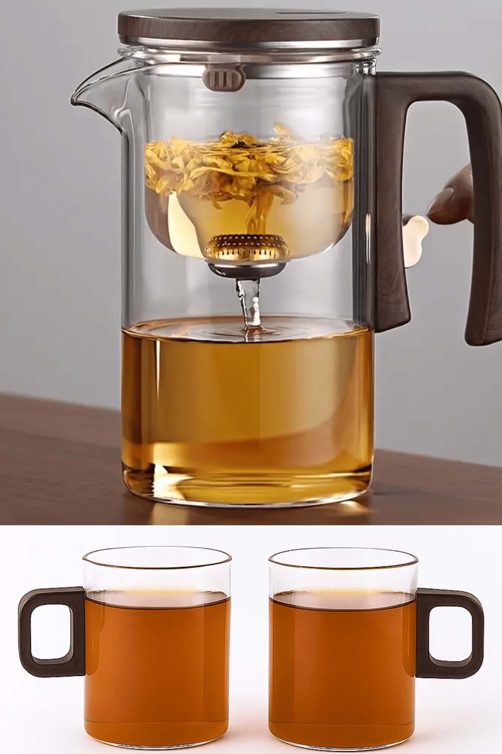 Borosilikat Cam Sihirli Demlik 720 ml Isıya Dayanıklı 2 Bardaklı Bitki Çayı Demleme Seti