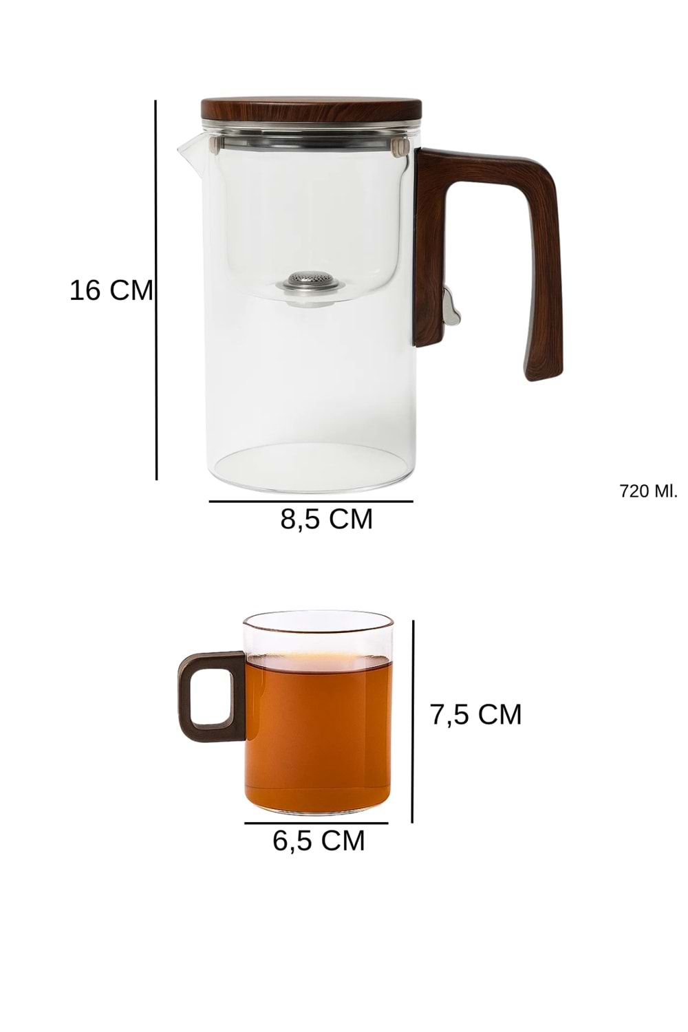 Borosilikat Cam Sihirli Demlik 720 ml Isıya Dayanıklı 2 Bardaklı Bitki Çayı Demleme Seti