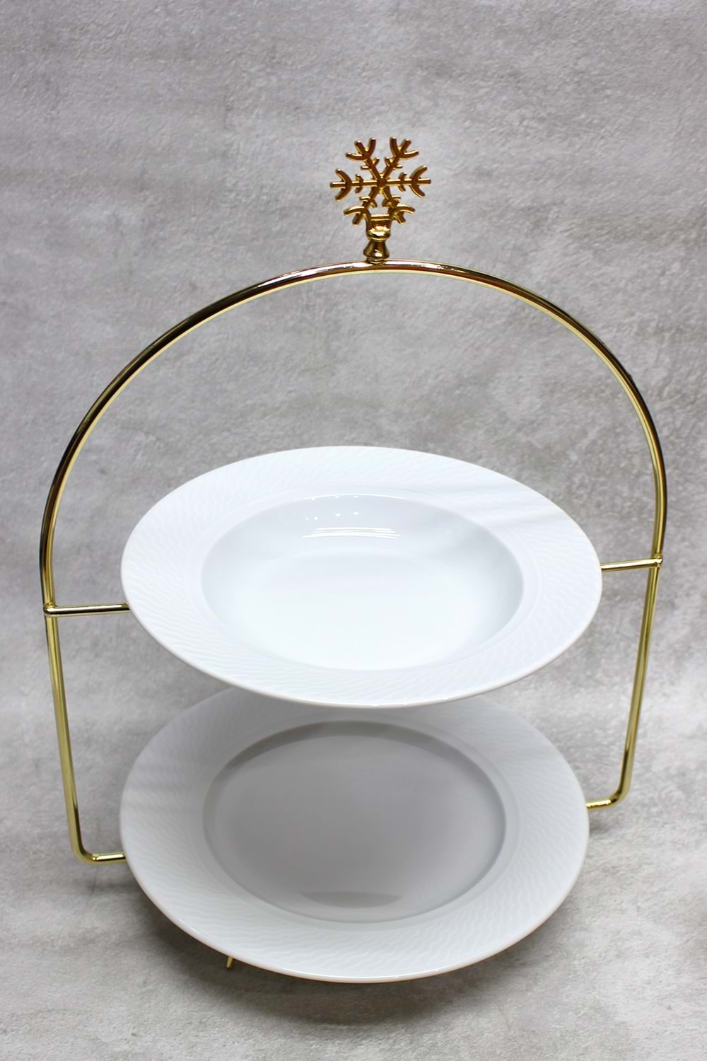 2 Katlı Gold Etajer Altın Kar Tanesi Aksesuarlı Sunumluk İkramlık Standı