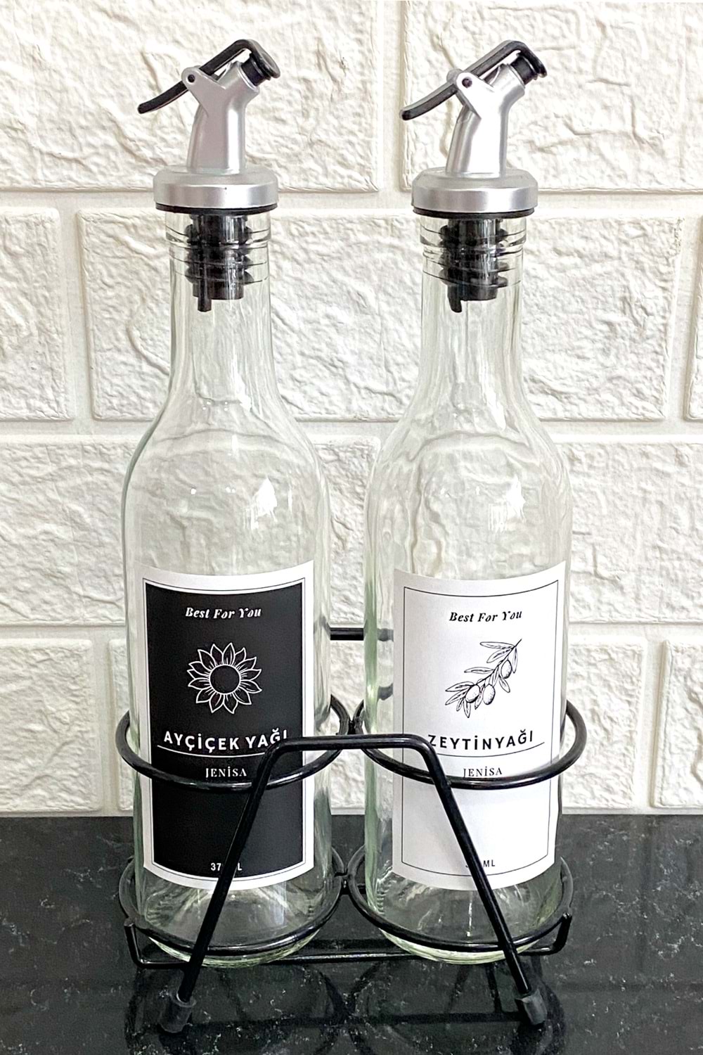 2'li Şeffaf Cam 375 Ml Stantlı Yağdanlık Damlatmaz Başlıklı Yağlık