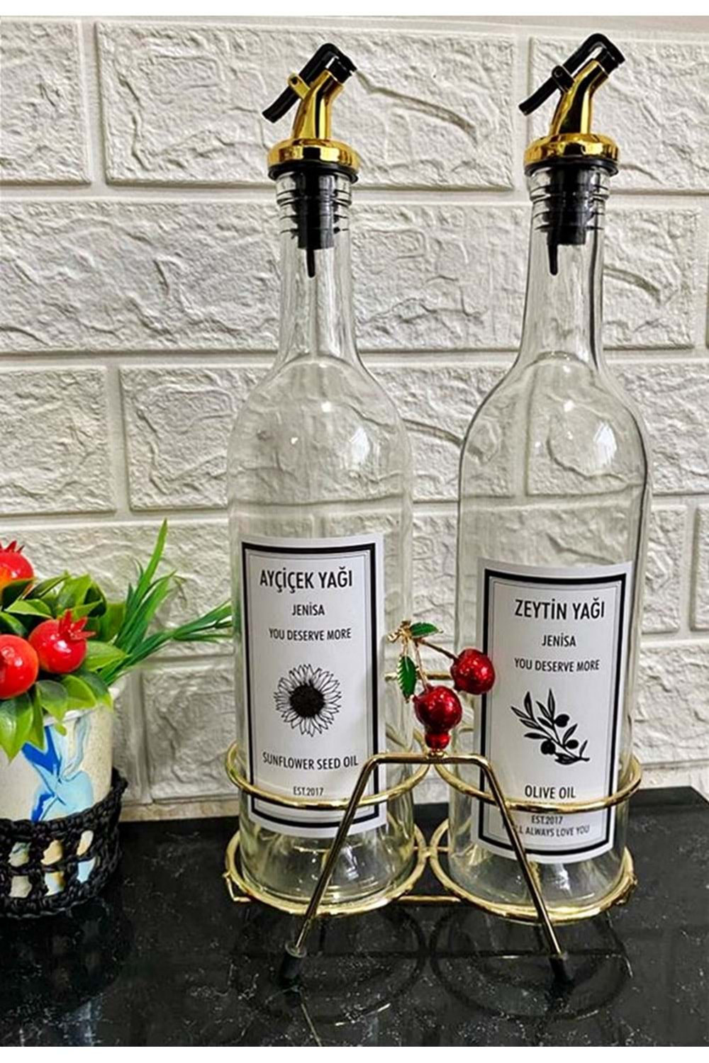 Altın Standlı Kiraz Figürlü 750Ml Şeffaf Şişe Altın Akıtıcılı Etiketli Yağlık Yağdanlık