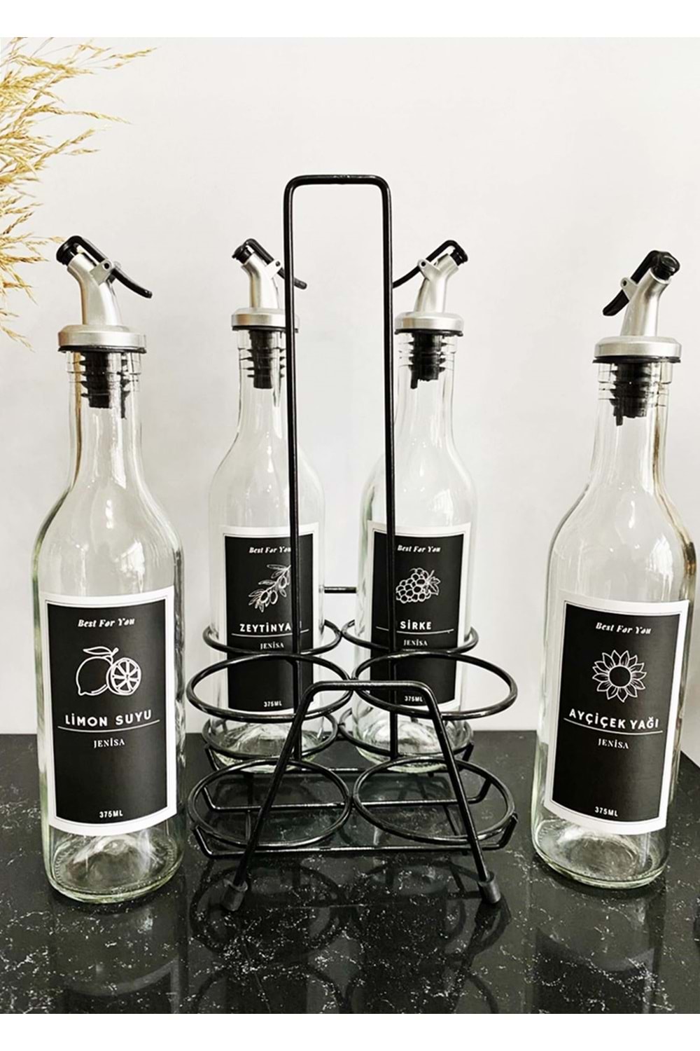 Dörtlü Siyah Metal Standlı Yağlık Sosluk Stand 375 Ml Şişeli Etiketli