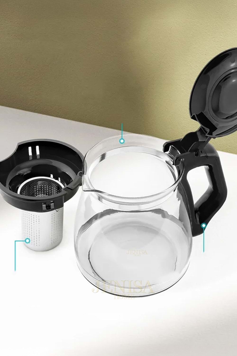 Isıya Dayanıklı Büyük Cam Demlik – 1700 ml Kapasiteli, Çelik Süzgeçli ve Kapaklı Tasarım