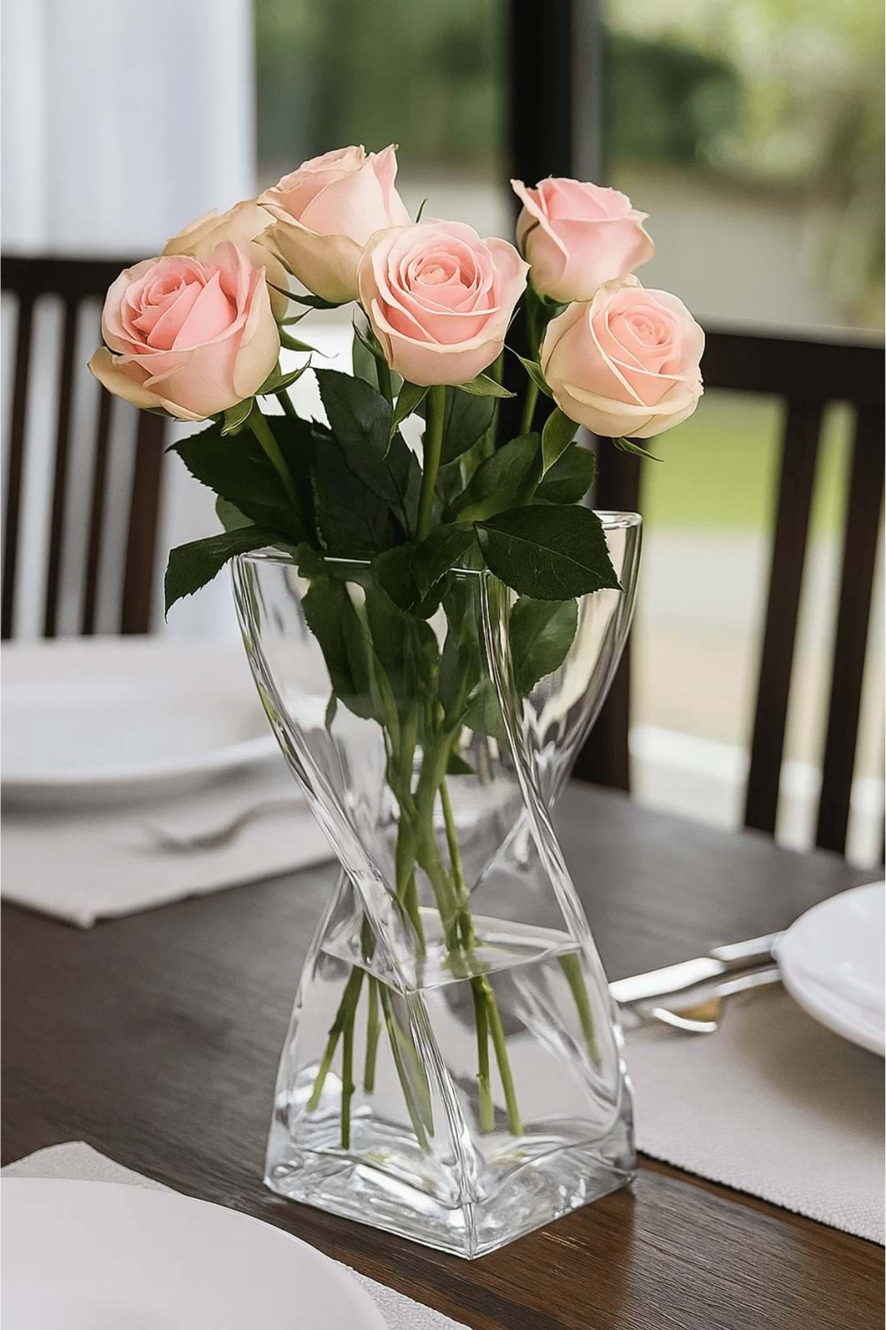 Kare Formlu Spiral Cam Vazo - Çiçek Vazo Şeffaf 25 cm