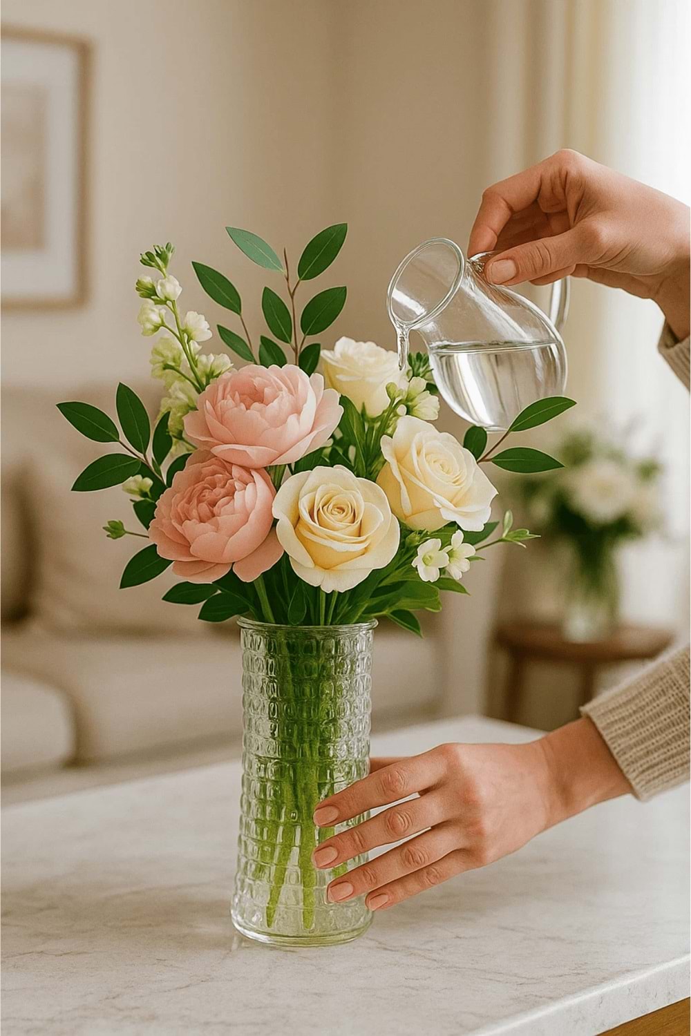 Kare Desenli Şeffaf Cam Vazo – Dekoratif Masa Üstü Vazo