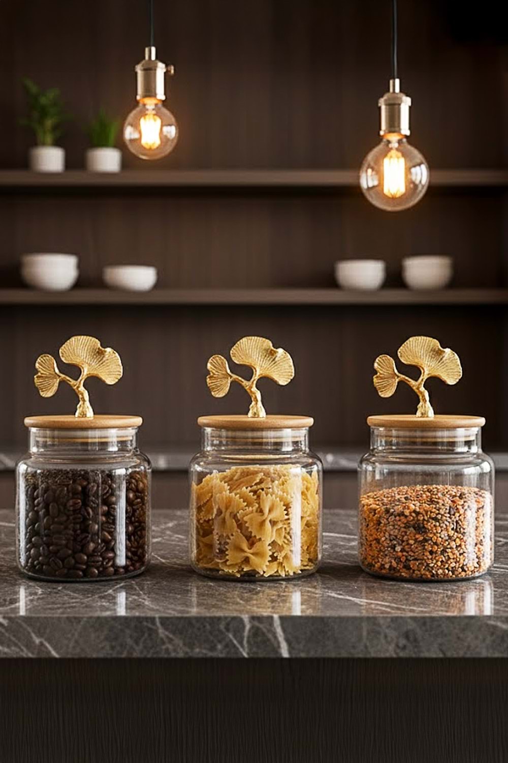 Altın Ginkgo Figürlü 3’lü Cam Kavanoz Seti – Bambu Kapaklı 635 cc Saklama Kabı