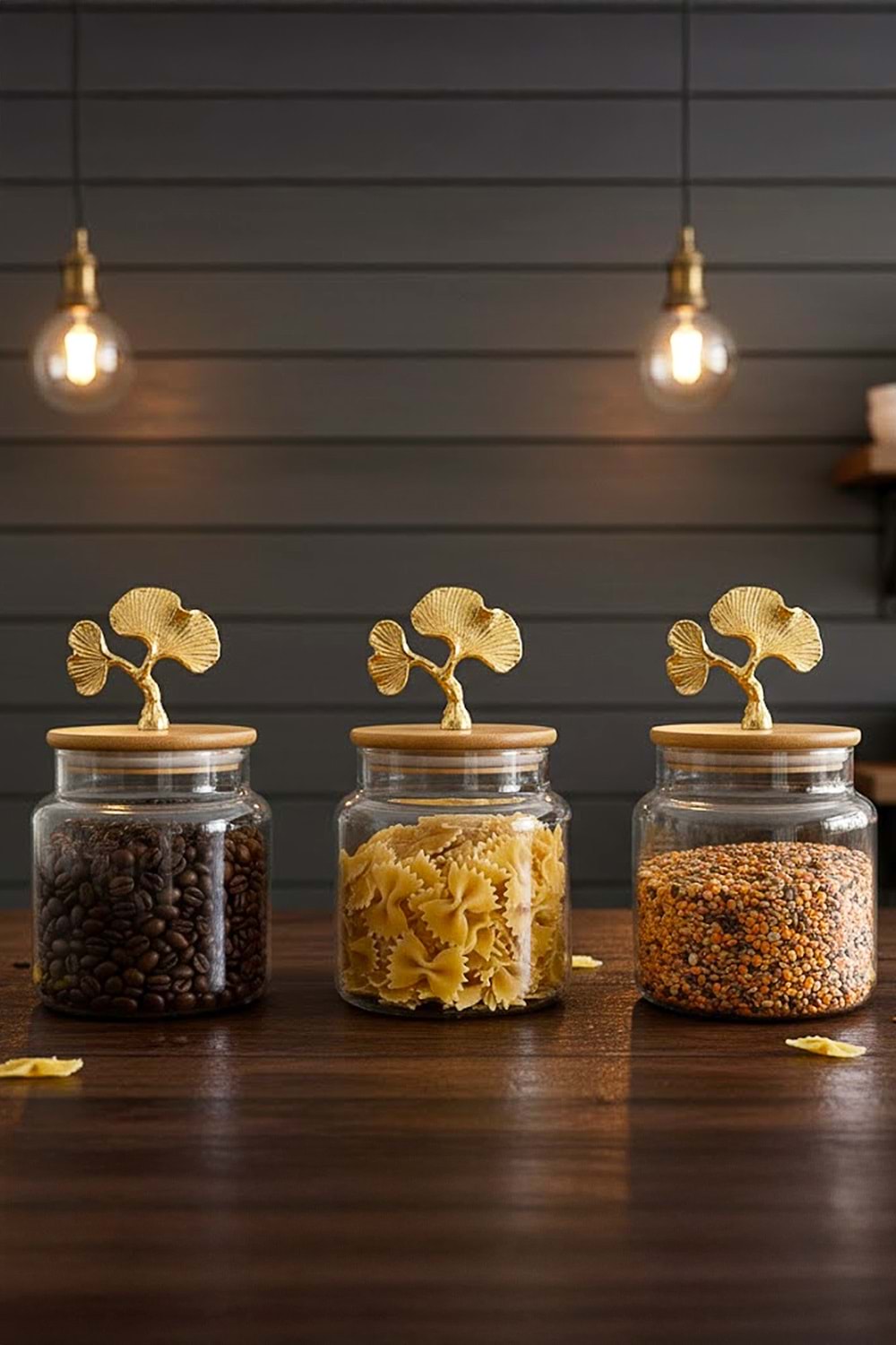 Altın Ginkgo Figürlü 3’lü Cam Kavanoz Seti – Bambu Kapaklı 635 cc Saklama Kabı