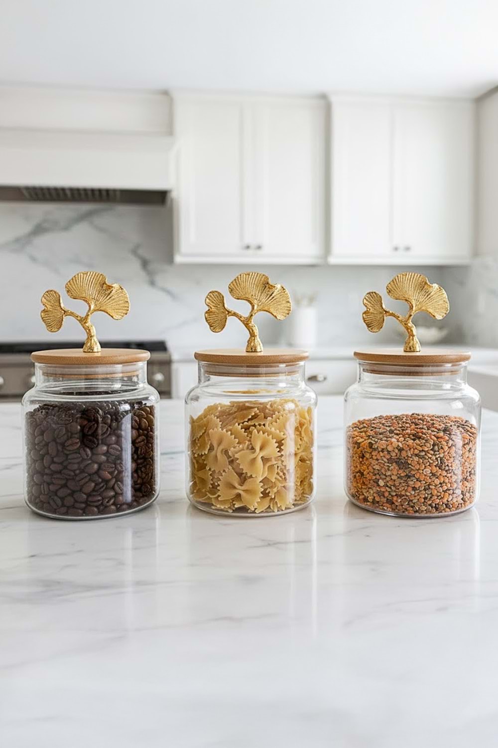 Altın Ginkgo Figürlü 3’lü Cam Kavanoz Seti – Bambu Kapaklı 635 cc Saklama Kabı