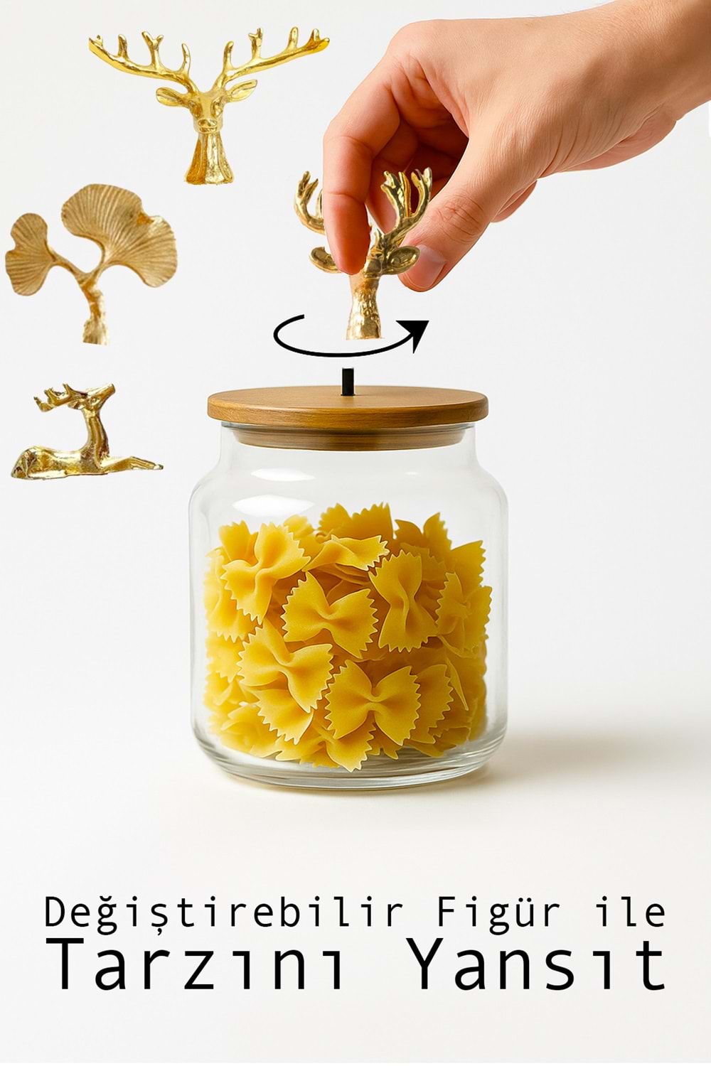Altın Ginkgo Figürlü 3’lü Cam Kavanoz Seti – Bambu Kapaklı 635 cc Saklama Kabı