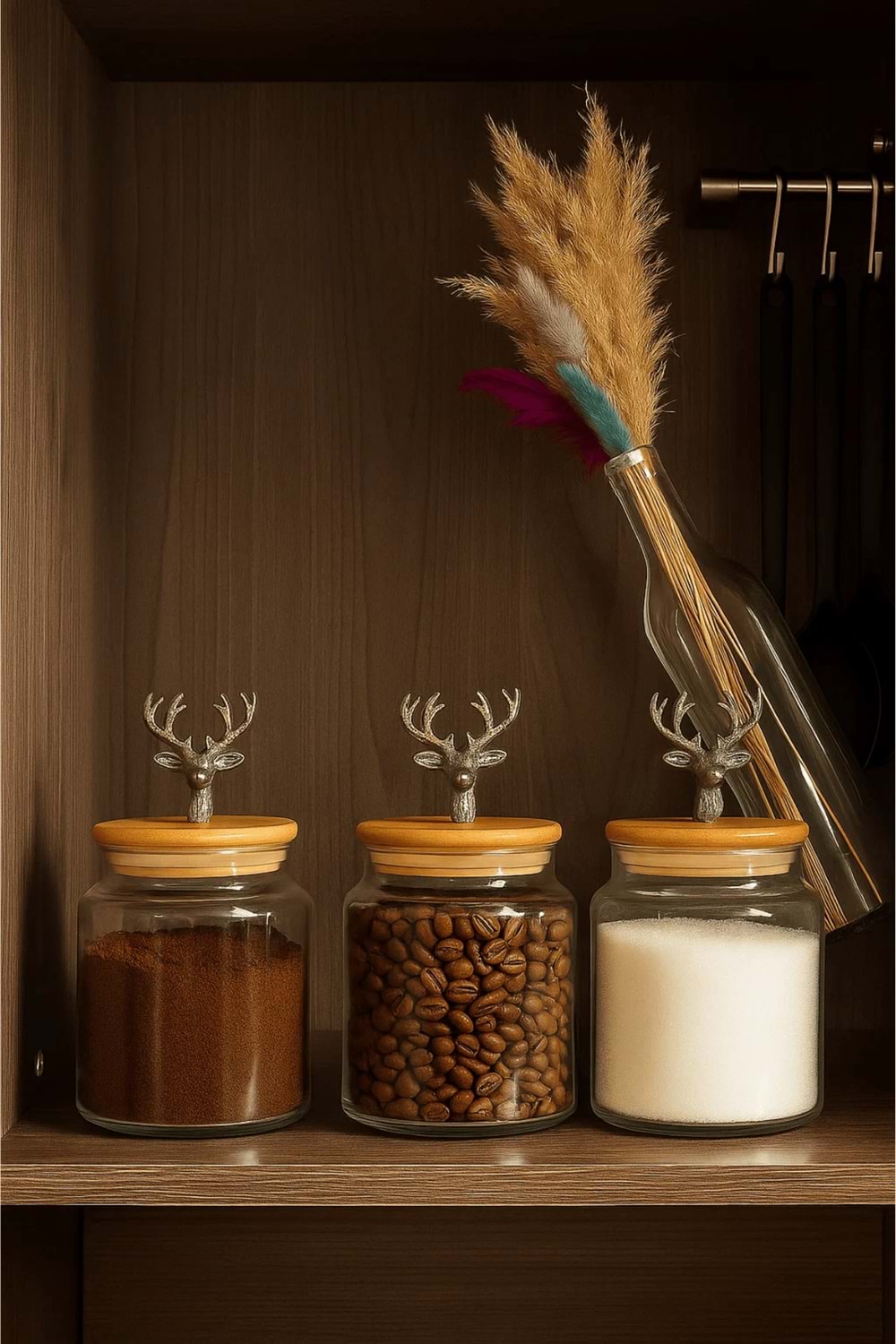 3'lü Metal Siyah Geyik Figürlü Bambu Kapaklı Cam Kavanoz – Şık Saklama Kabı 635 cc