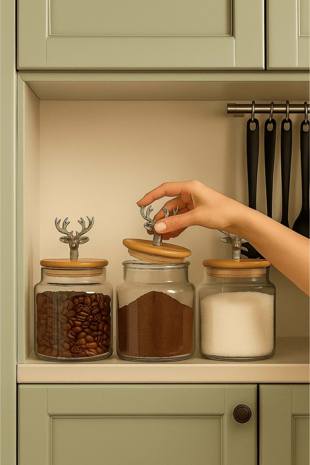 3'lü Metal Siyah Geyik Figürlü Bambu Kapaklı Cam Kavanoz – Şık Saklama Kabı 635 cc