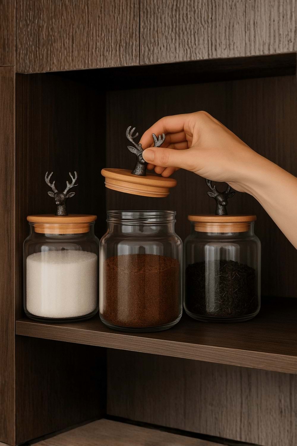 3'lü Metal Siyah Geyik Figürlü Bambu Kapaklı Cam Kavanoz – Şık Saklama Kabı 635 cc