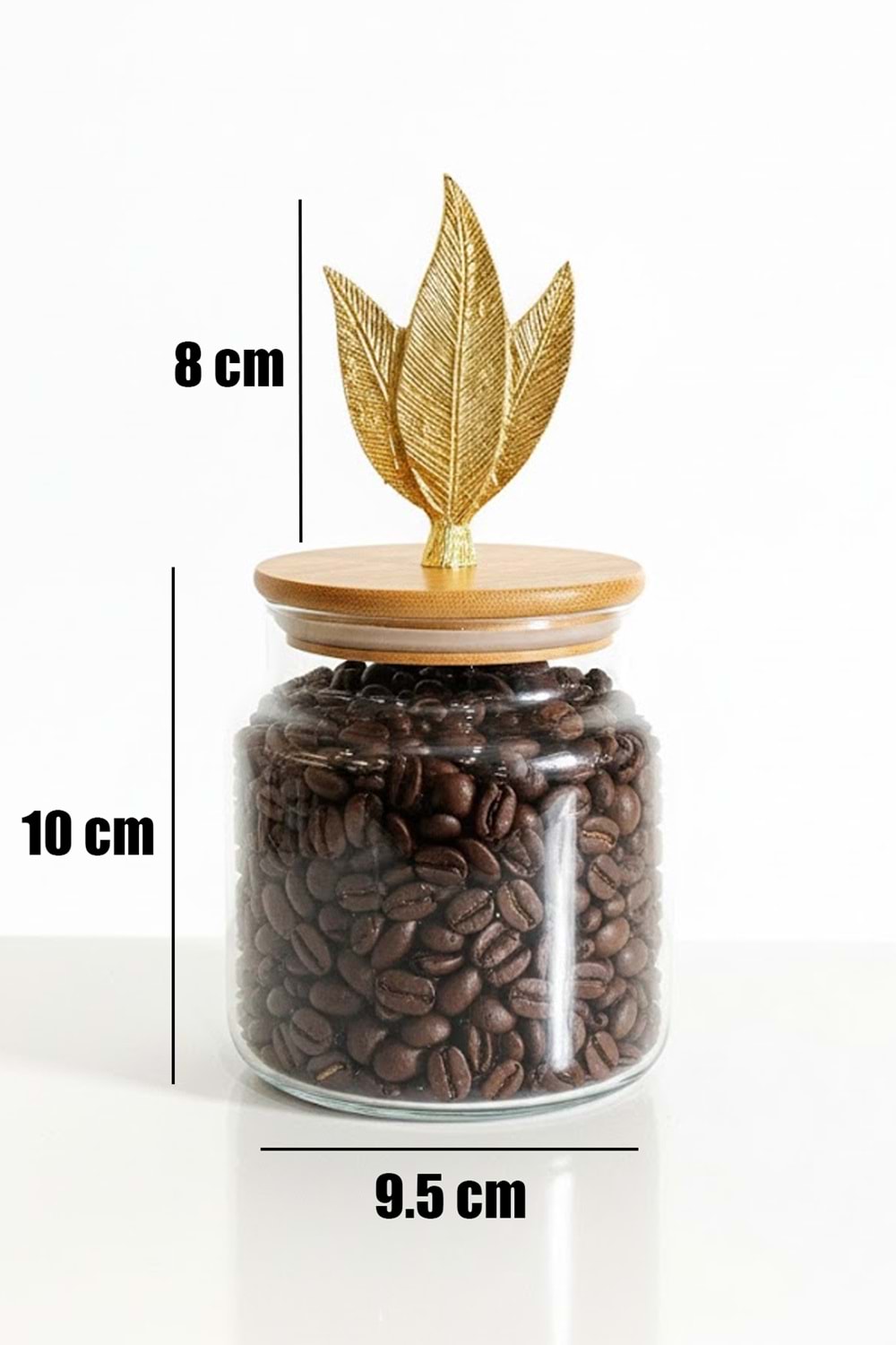 3’lü Bambu Kapaklı Metal Yaprak Figürlü Cam Kavanoz Seti - Saklama Kabı 635cc