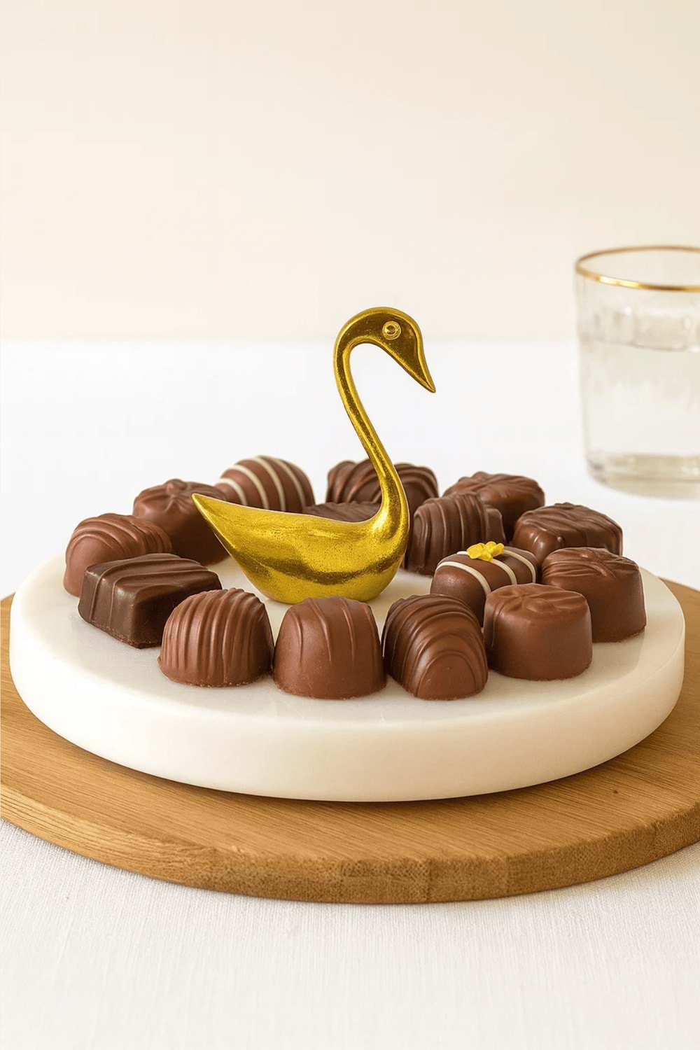 Altın Kuğu Dekorlu Mermer Lokumluk – İkram, Tatlı & Drajelik Sunum Tabağı