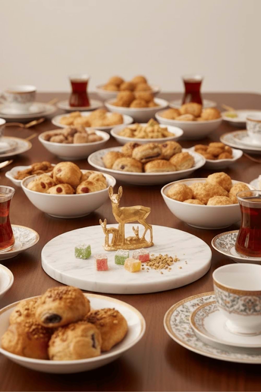 Altın Geyik Ailesi Dekorlu Mermer Lokumluk – İkram, Tatlı & Drajelik Sunum Tabağı