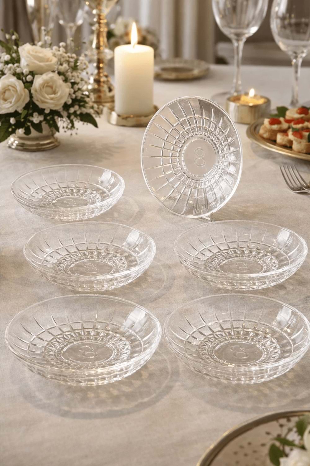 6'Lı Bakara Desen Çay Tabağı - Kristal Kesme Çay Tabağı