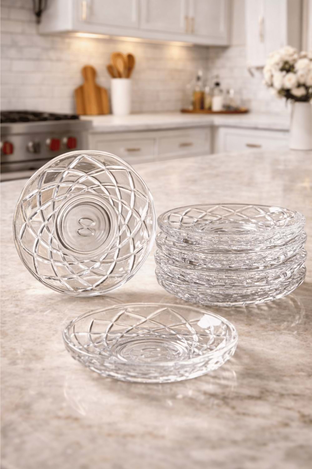 6’lı Elmas Desen Çay Tabağı – Kristal Kesme Şeffaf Cam Sunumluk