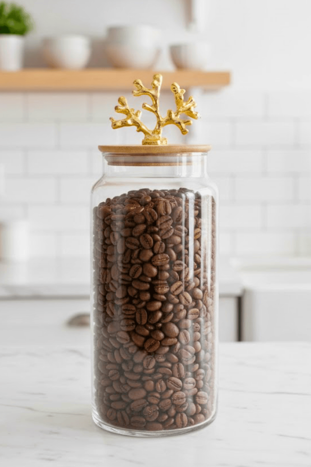 1400 ml Borosilikat Cam Kavanoz - Altın Mercan Figür Bambu Kapaklı Lüks Saklama Kabı