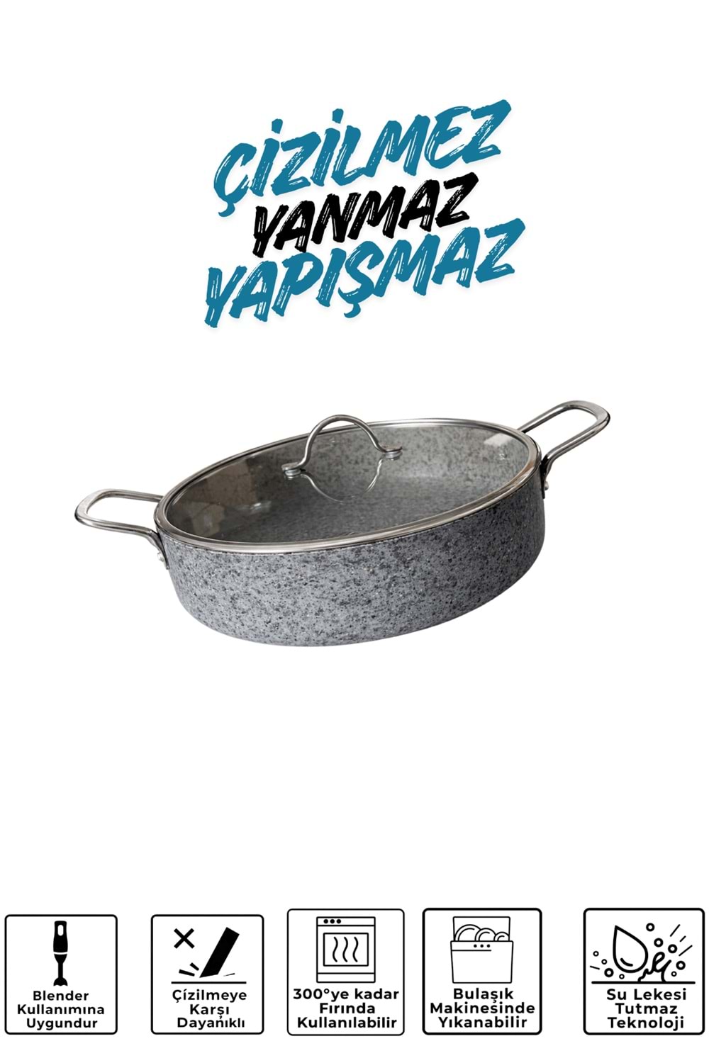 Stone-H 30 cm Çizilmez Yanmaz Yapışmaz Basık Tencere - Cam Kapaklı Karnı Yarık Tenceresi