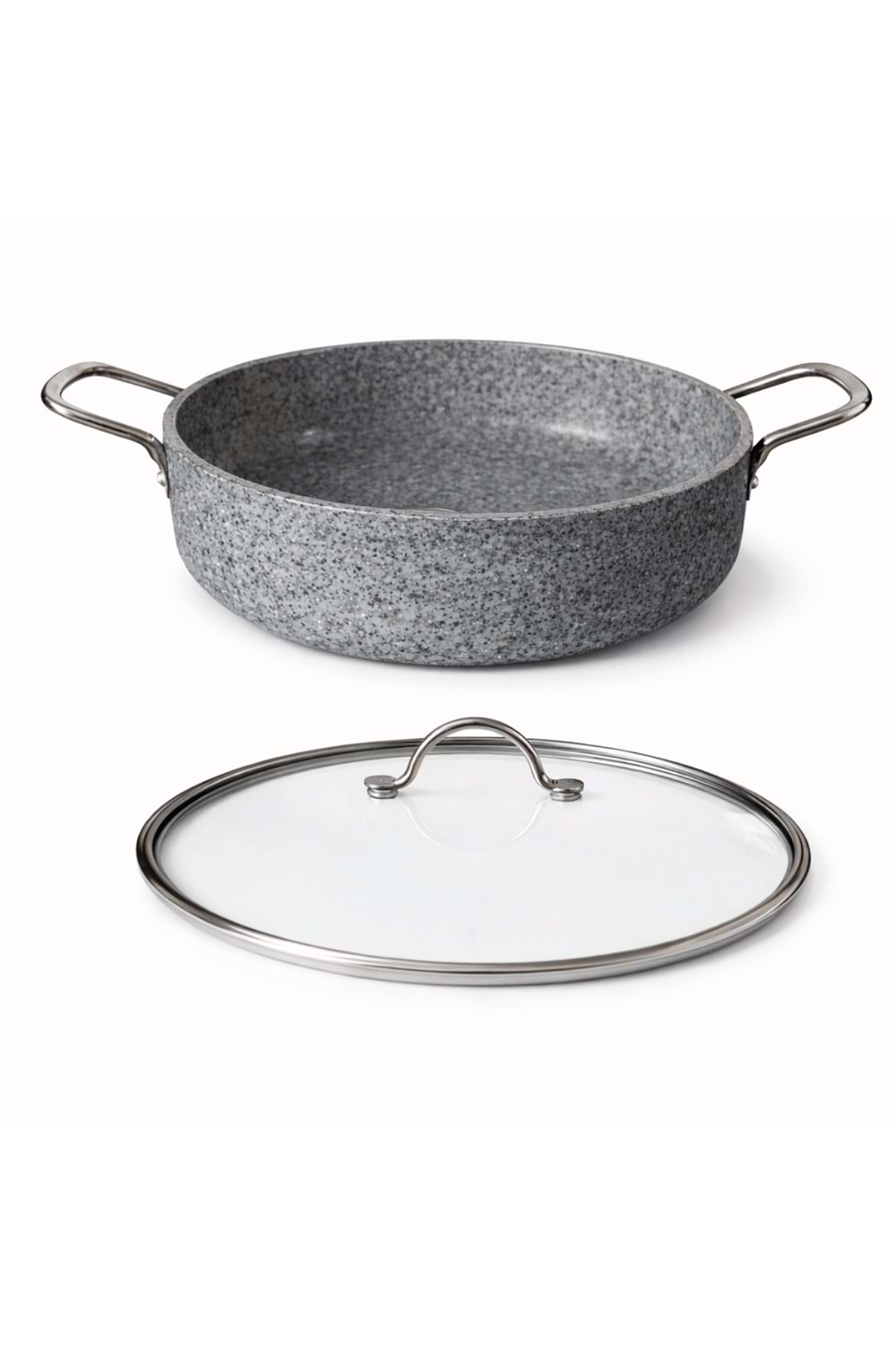 Stone-H 30 cm Çizilmez Yanmaz Yapışmaz Basık Tencere - Cam Kapaklı Karnı Yarık Tenceresi