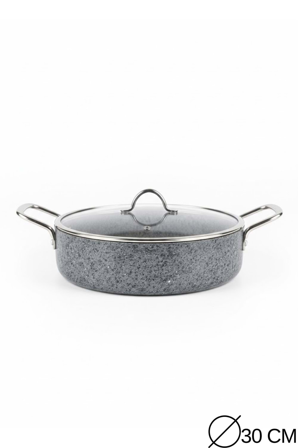 Stone-H 30 cm Çizilmez Yanmaz Yapışmaz Basık Tencere - Cam Kapaklı Karnı Yarık Tenceresi