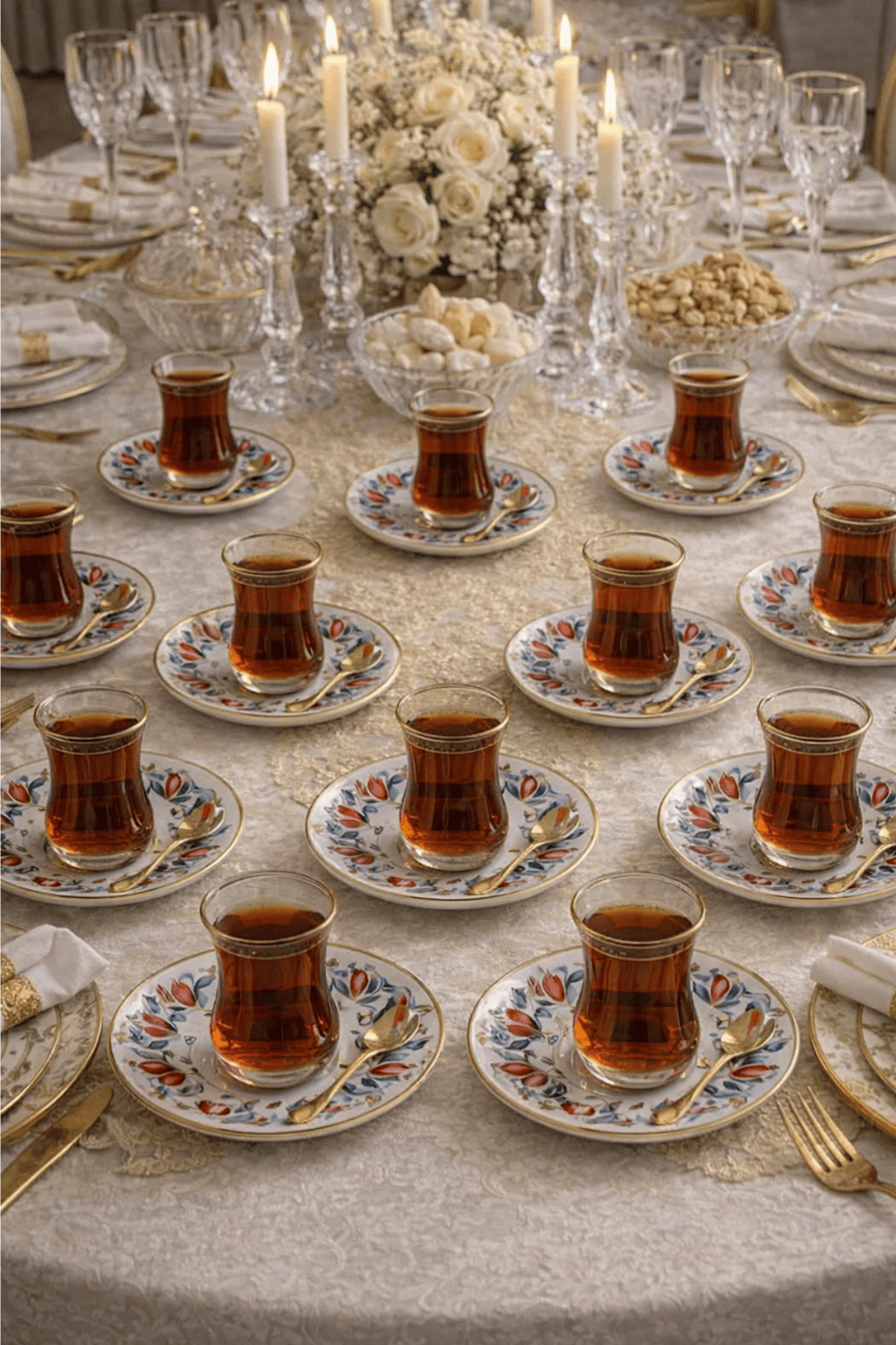 12’li Yaldızlı Lale Motif Porselen Çay Tabağı – Desenli Çay Tabak