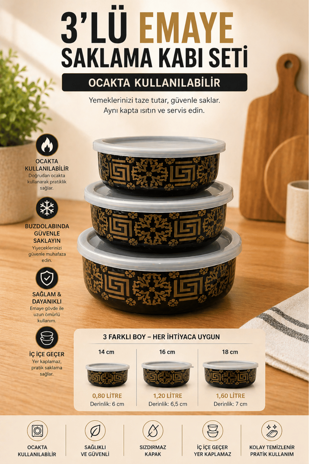 3’lü Emaye Saklama Kabı Seti – Kapaklı, Ocakta Kullanılabilir, İç İçe Geçer Desenli
