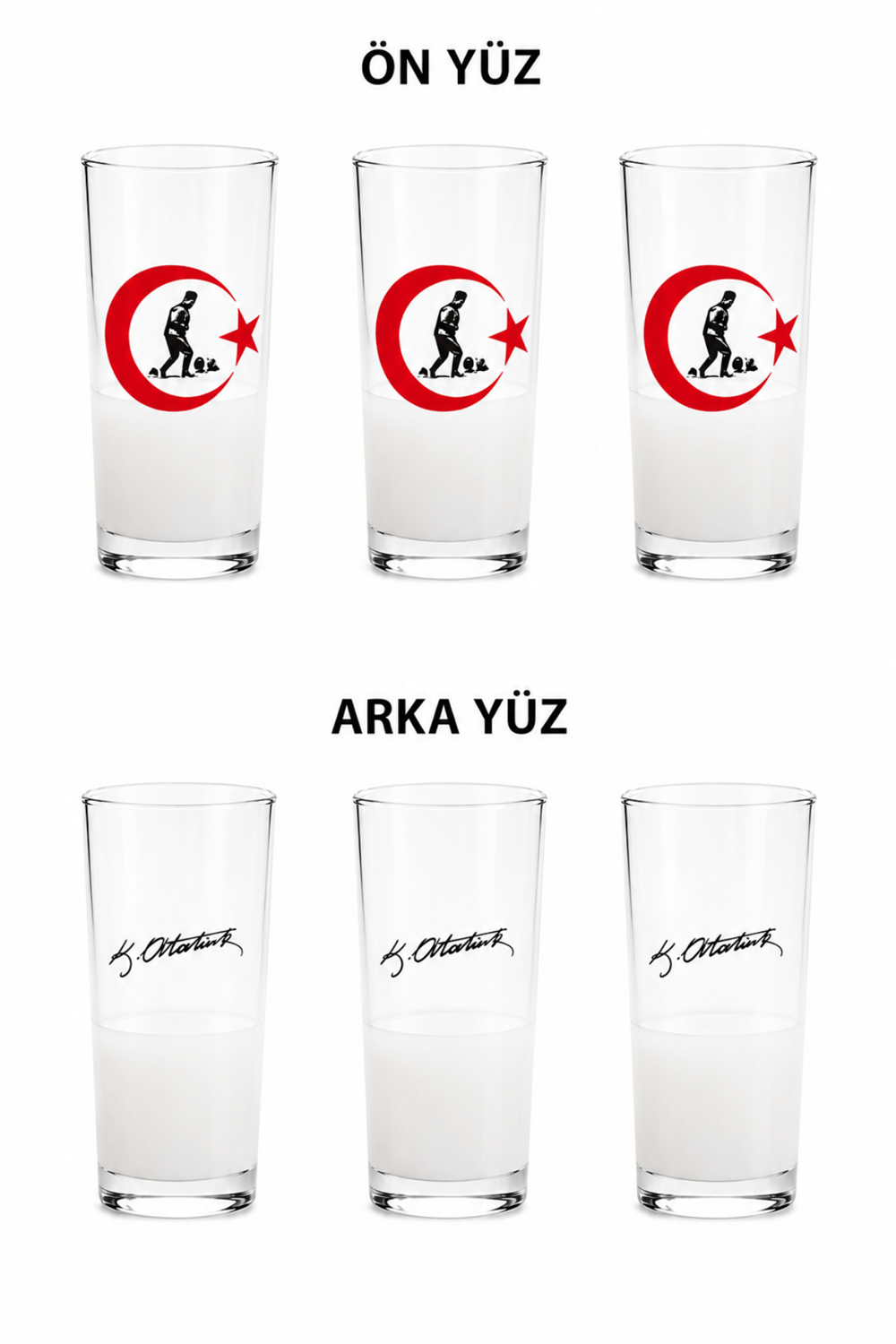6'lı Atatürk İmzalı ve Türk Bayraklı Cam Rakı Bardağı Seti