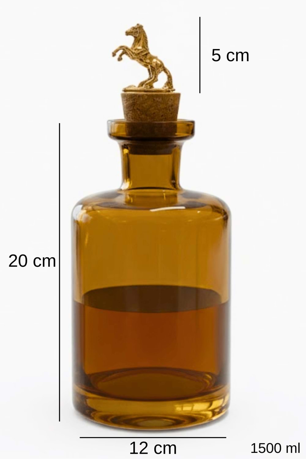 El Yapımı Cam Sürahi At Figürlü Amber Cam Karaf – Mantar Tıpalı Dekoratif Şişe