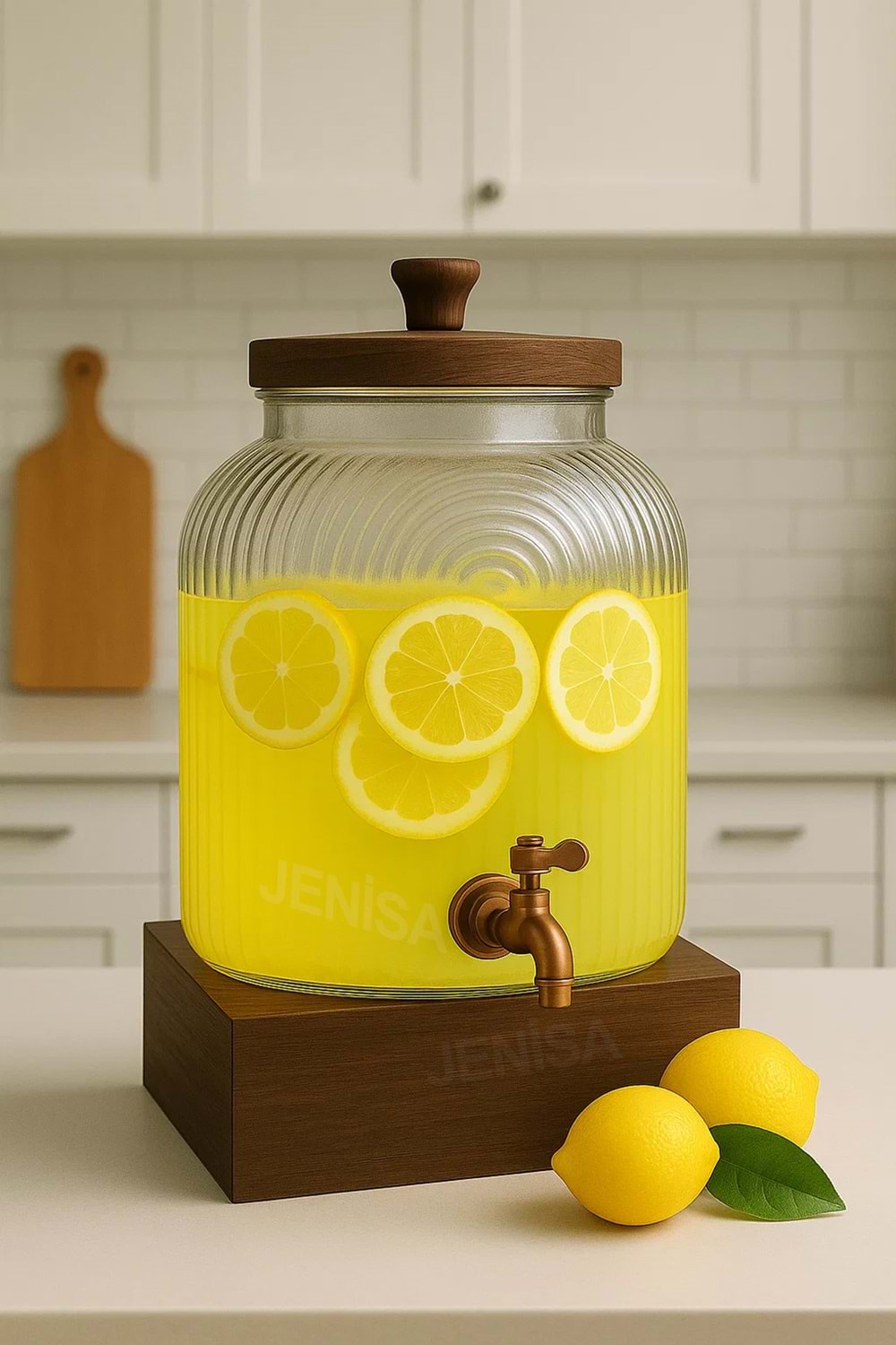 6 Litre Ahşap Standlı Musluklu Cam Şerbetlik Sebil | Limonatalık İçecek Dispenseri