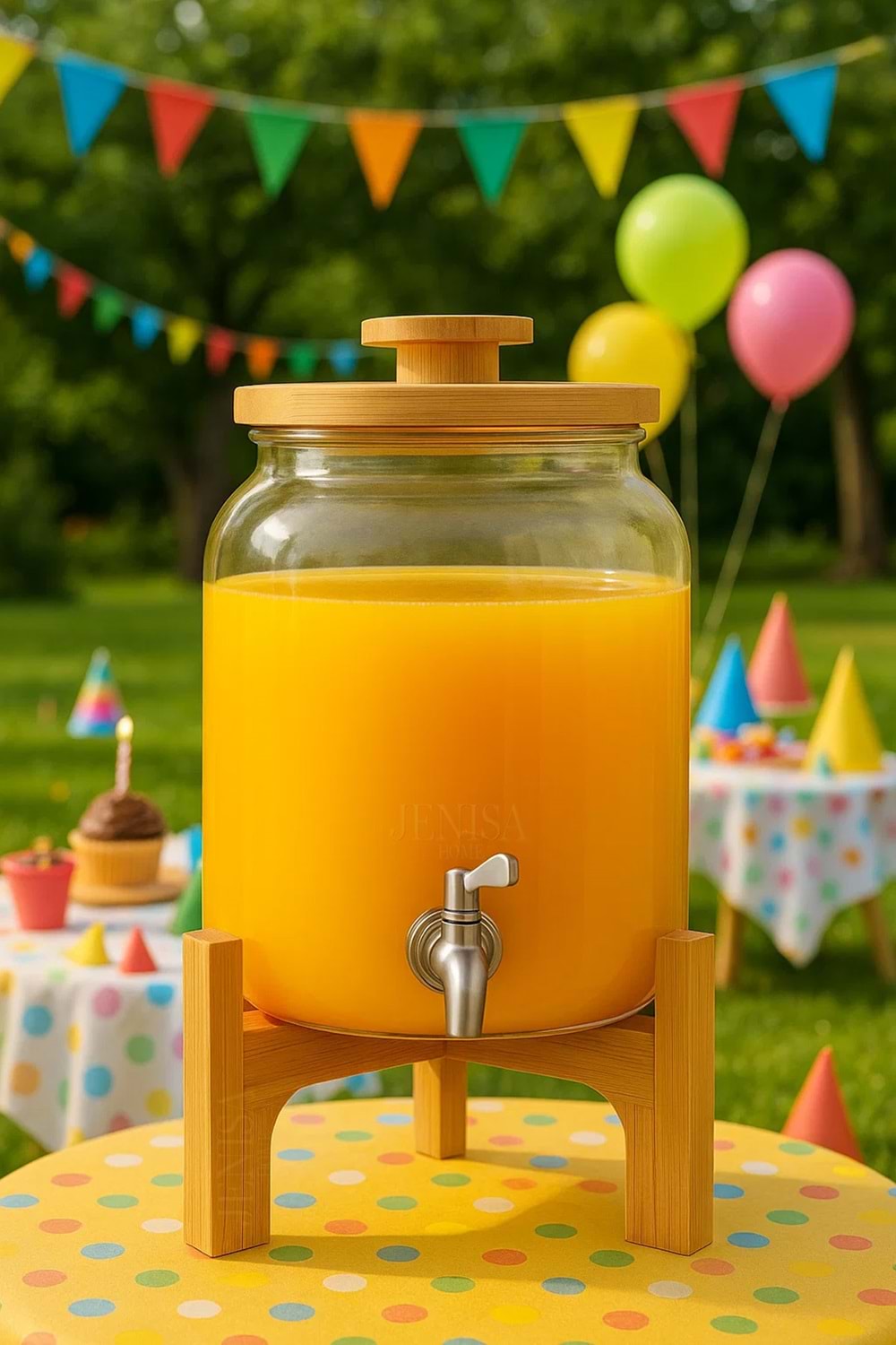 4 Litre Cam Şerbetlik – Musluklu, Bambu Standlı Sunumluk Sebil İçecek Dispenseri