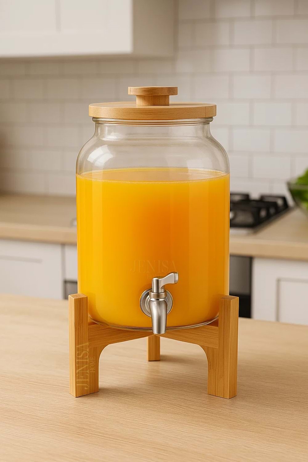 4 Litre Cam Şerbetlik – Musluklu, Bambu Standlı Sunumluk Sebil İçecek Dispenseri