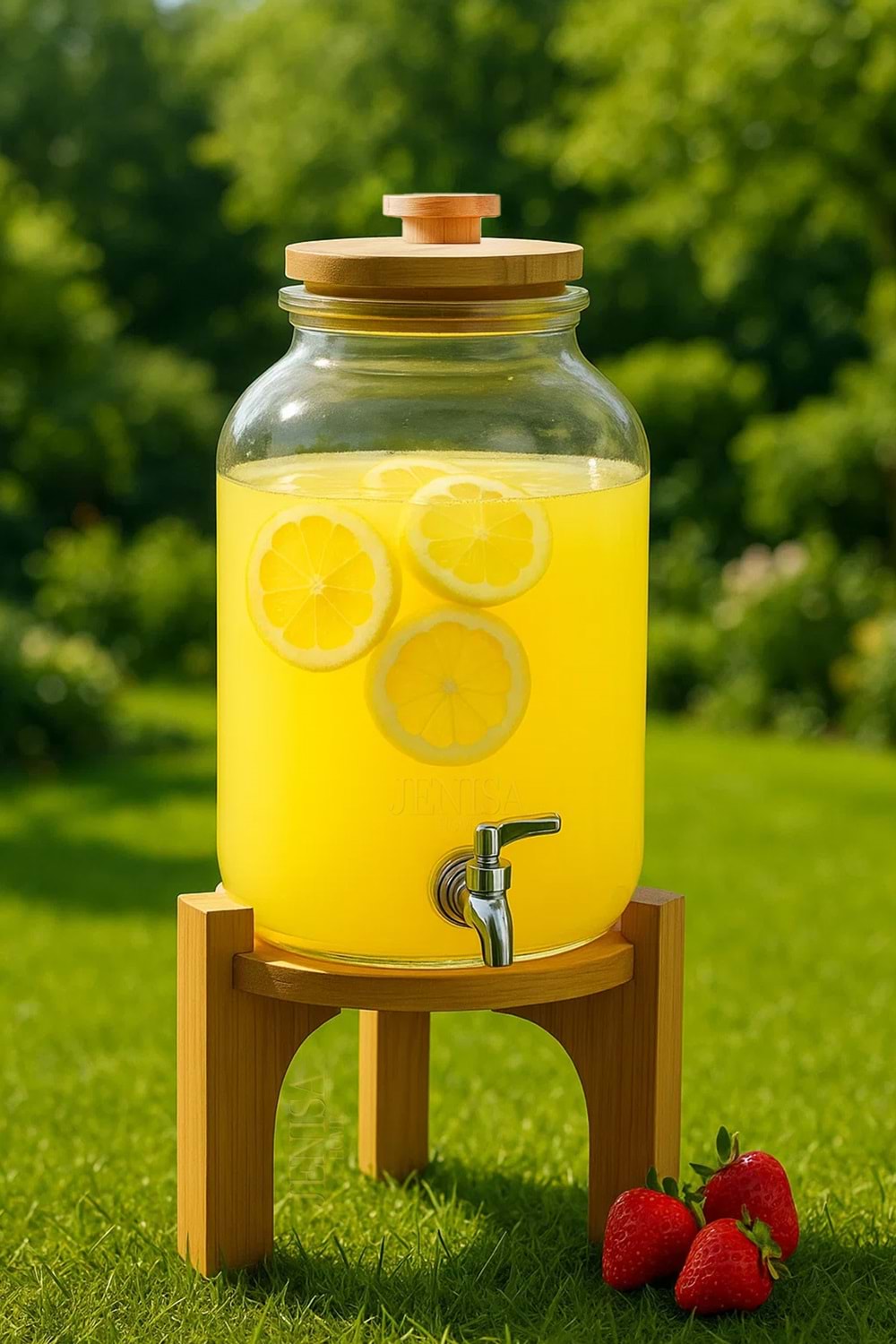 4 Litre Cam Şerbetlik – Musluklu, Bambu Standlı Sunumluk Sebil İçecek Dispenseri
