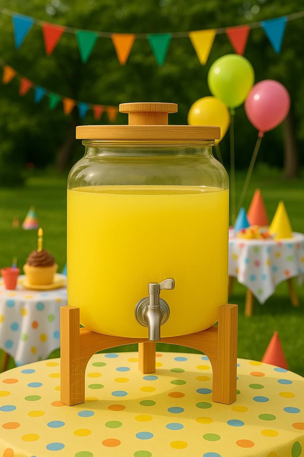 4 Litre Cam Şerbetlik – Musluklu, Bambu Standlı Sunumluk Sebil İçecek Dispenseri