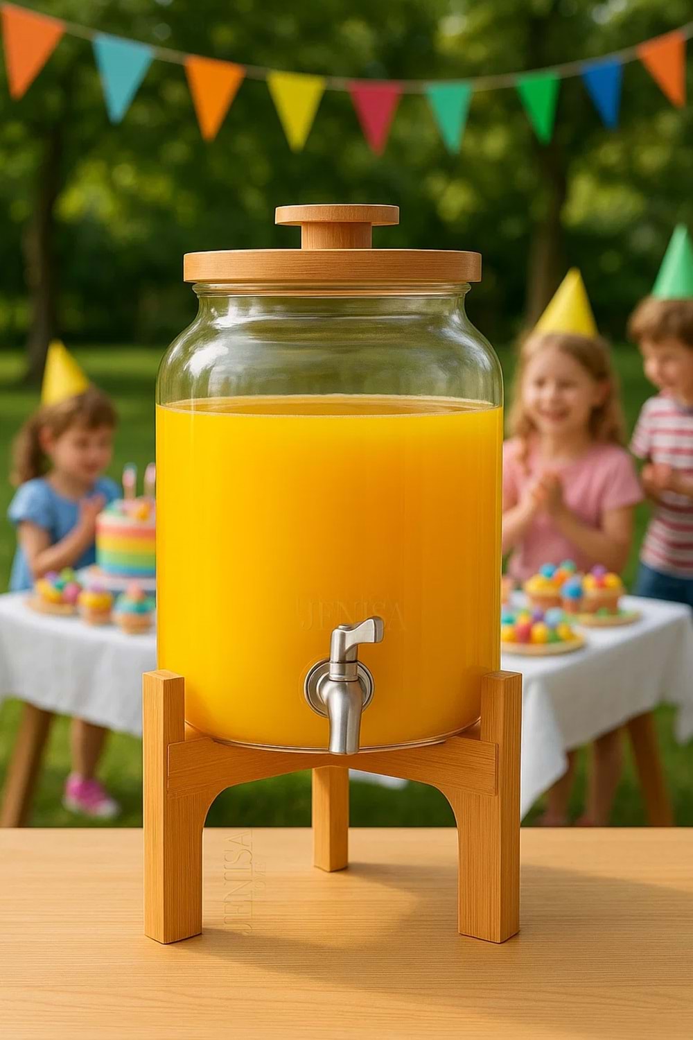 4 Litre Cam Şerbetlik – Musluklu, Bambu Standlı Sunumluk Sebil İçecek Dispenseri