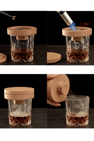 Premium Viski Tütsüleme Seti – Ahşap Kapaklı Cam Smoke Infuser, Kokteyl Aromalandırma