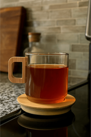 12 Parça Amber Cam Kupa Seti – Bambu Kulplu ve Tabaklı Çay & Kahve Bardağı