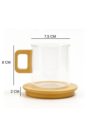 12 Parça Amber Cam Kupa Seti – Bambu Kulplu ve Tabaklı Çay & Kahve Bardağı
