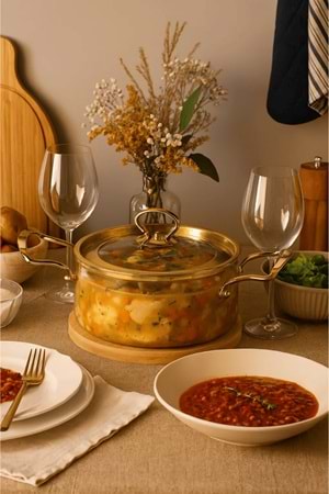 2,5 Lt. Altın Kapaklı ve Altın Kulplu Isıya Dayanıklı Tencere – Şeffaf Borosilikat Cam Pişirme Seti