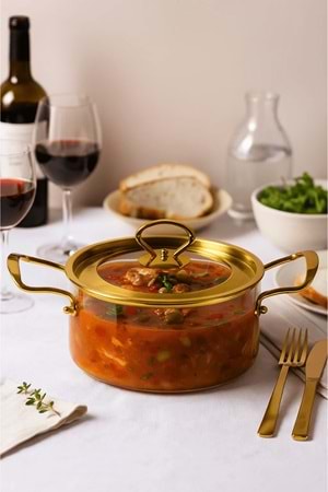 2,5 Lt. Altın Kapaklı ve Altın Kulplu Isıya Dayanıklı Tencere – Şeffaf Borosilikat Cam Pişirme Seti