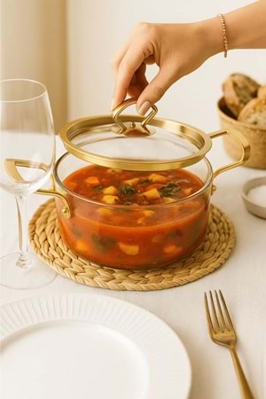 2,5 Lt. Altın Kapaklı ve Altın Kulplu Isıya Dayanıklı Tencere – Şeffaf Borosilikat Cam Pişirme Seti