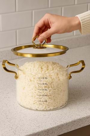 4,5 Lt. Borosilikat Cam Tencere – Ölçülü Gold Detaylı ve Kulplu Isıya Dayanıklı Tencere