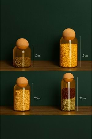 4’lü Amber Cam Kavanoz Seti – Yuvarlak Mantar Kapaklı Dekoratif Baharatlık Takımı