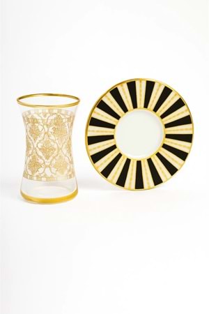 12 Parça Altın Yaldız Desenli İnce Belli Cam Çay Bardağı ve Tabak Seti