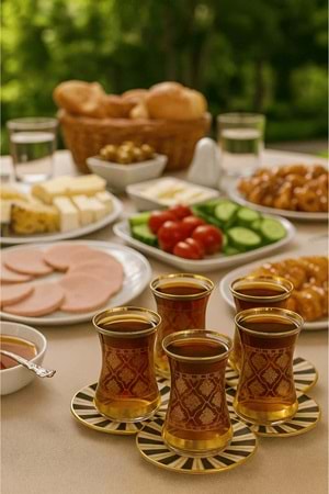 12 Parça Altın Yaldız Desenli İnce Belli Cam Çay Bardağı ve Tabak Seti