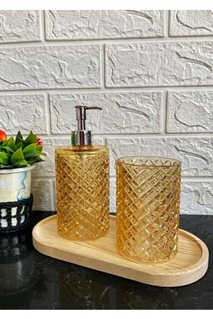 Cam Kafes Model Ahşap Standlı Set 2'li Sıvı Sabunluk Diş Fırçalık Banyo Seti Amber Renkli