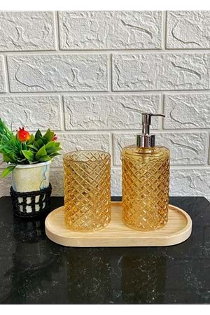 Cam Kafes Model Ahşap Standlı Set 2'li Sıvı Sabunluk Diş Fırçalık Banyo Seti Amber Renkli