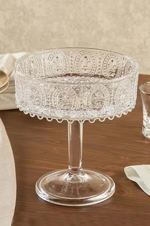 Şeffaf Cam El Yapımı Yuvarlak Ayaklı Sunum Kasesı Sunumluk 19x25 Cm