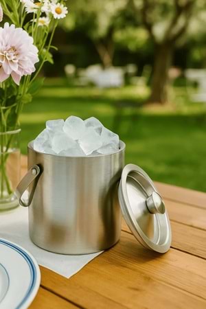 Paslanmaz Çelik Çift Cidar - Taşınabilir Saplı - Kapaklı 1,5 Lt. Buz Kovası