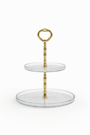 2 Katlı Cam Kek & Kurabiye Sunum Standı – Gold Kulplu Şık Sunumluk